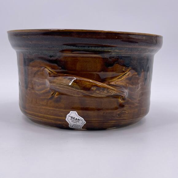 Handmade Bear Pottery Serving Bowl Dish with Lid Brown Drip Highland Wisconsin - Picture 4 of 16